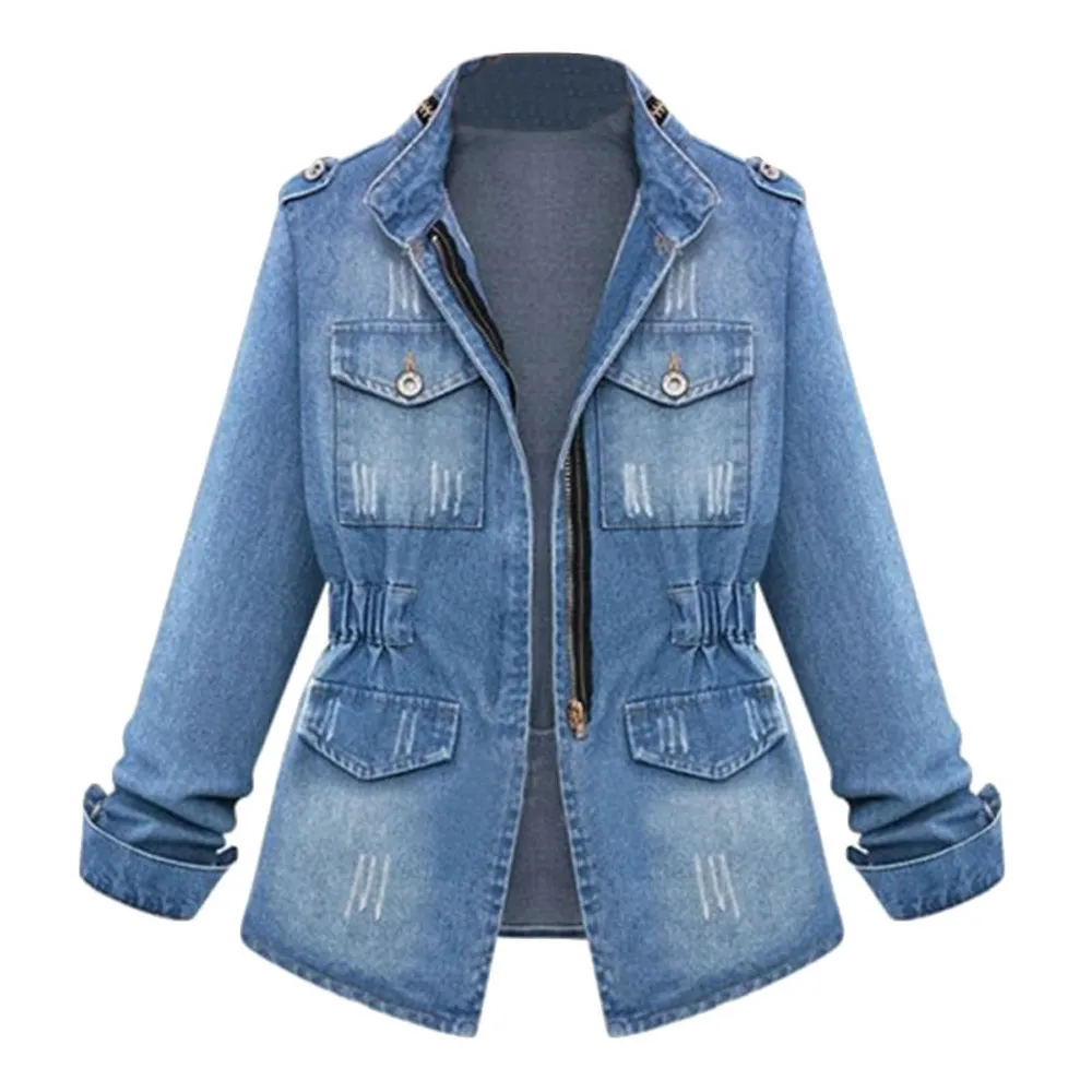 Womens Blue Denim Jacket Turn-Down Collar Chain Jeans Jassen Pocket Jas Oversize Jean Jassen Dames Bovenkleding 2021