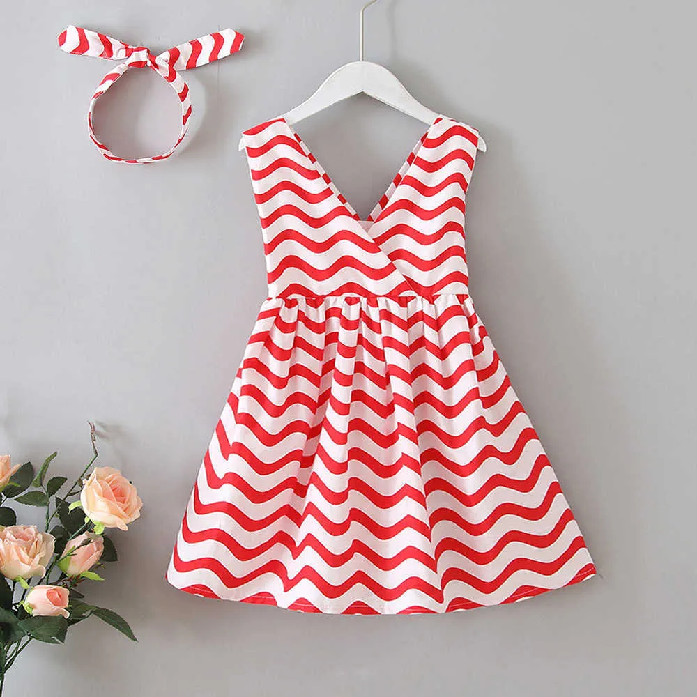 Flickor Klänning Sommar Vest V-Neck Wave Fashion Stripes Halter Bow Princess Girl Baby Toddler 210611