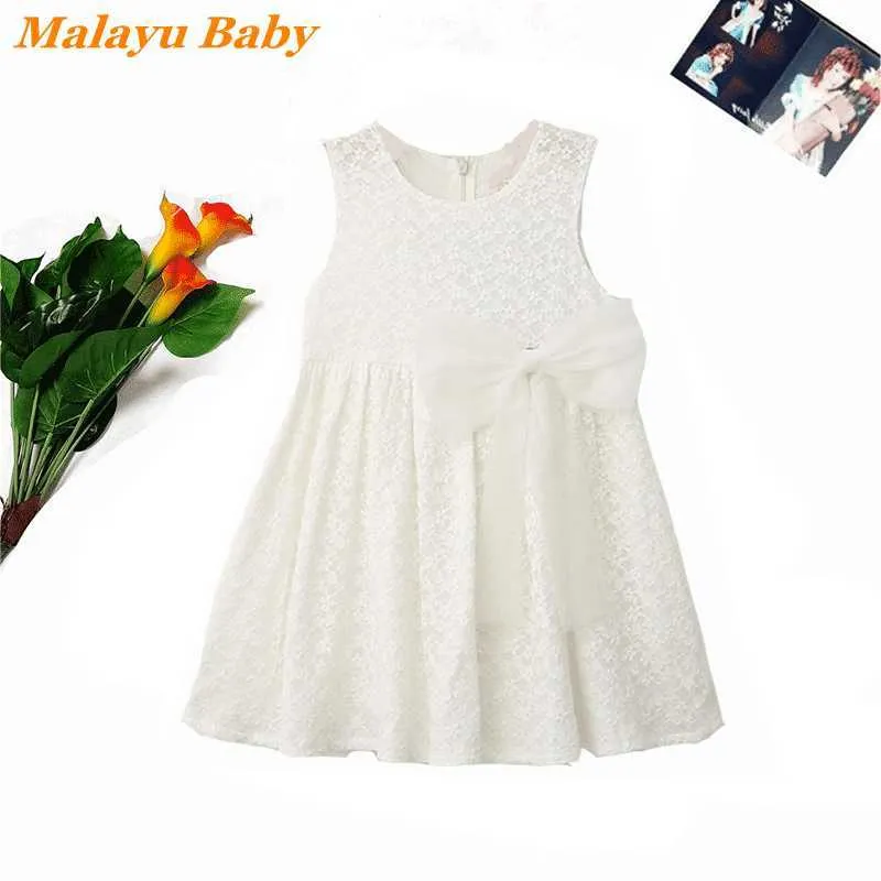 Malayu Baby Mädchen Prinzessin Kleid Sommer Mode Kind Spitze Bogen Ärmellose Vestidos Geburtstag Party Kostüm Kinder Kleidung 2-6 jahr Q0716