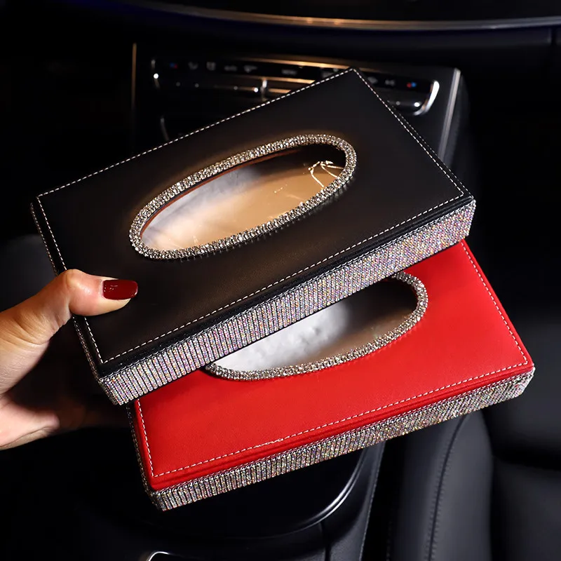 2021 New Luxury Leather Diamond Box Napkin Tissue Decor Car Accessories Auto Paper Holder Storage