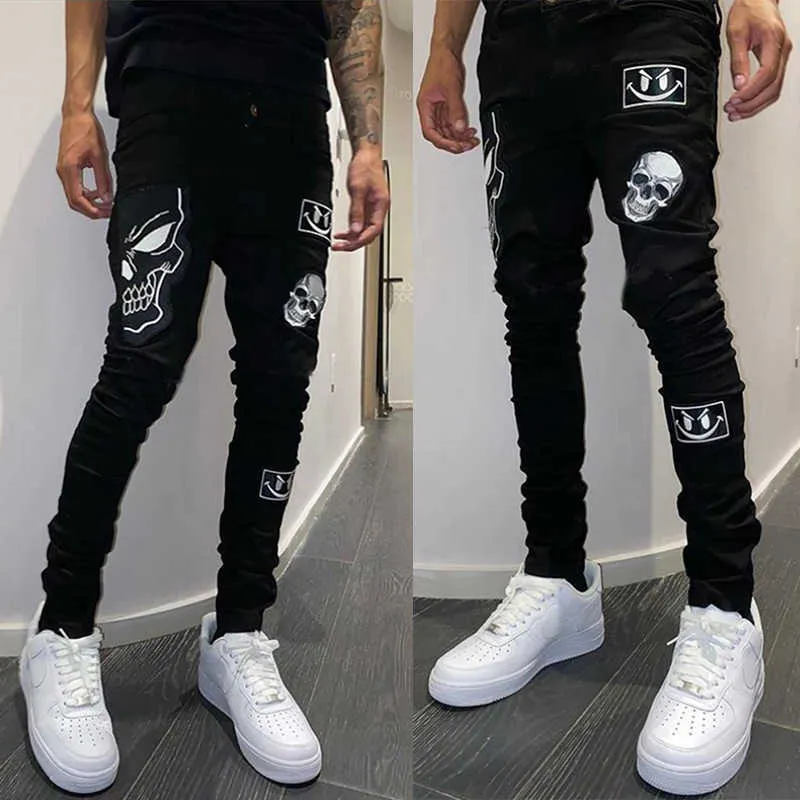 Mężczyźni Slim Biker Jeans Stretch Black Myted Neutral Street Cienkie Dżinsy Spodnie Czaszka Drukowana Design Fit Przytulny Ołówek Spodnie 210716