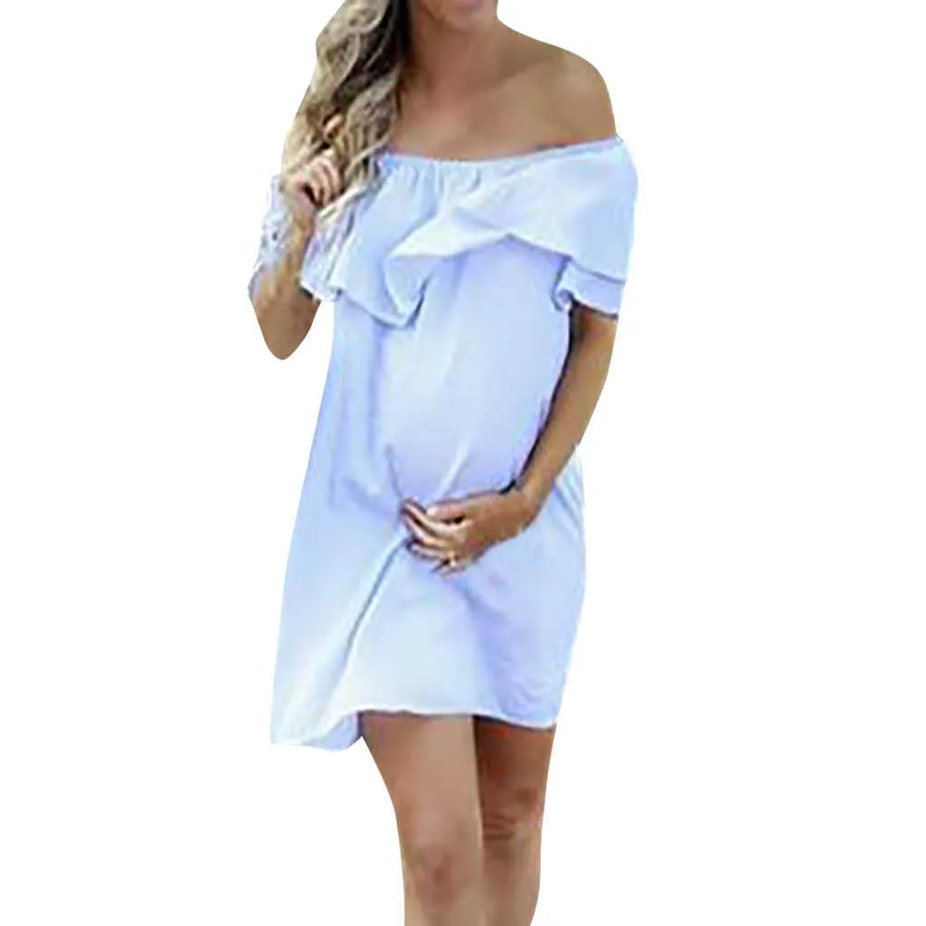 Robes pour femmes maternité hors épaule grossesse couleur unie robe d'été Sexy volants robe robes de maternité pour séance Photo Q0713
