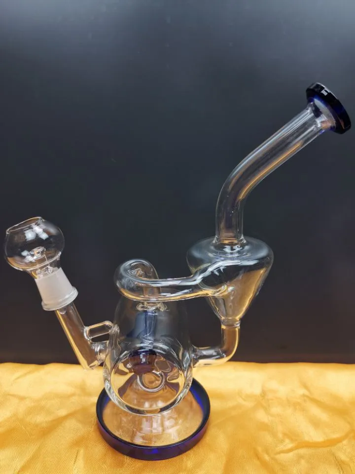 Heady Glass Bong Recycler Bongユニークな青いサイドカーフッカーウォーターパイプシャワーヘッドパーコパーコレーターオイルダブリグ14.4mmジョイントダイピング