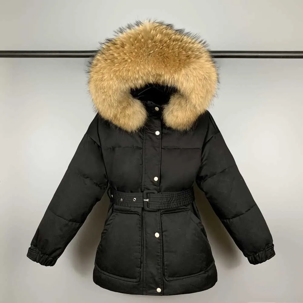 冬の女性90％ホワイトアヒルダウンコート大きい自然の毛皮のカラーフード付きジャケットの厚さ暖かいカーキパーカーベルト211013