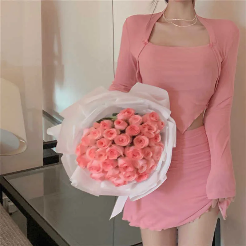 가짜 두 개의 불규칙한 티셔츠 여성 여름 얇은 자외선 차단제 순수 정욕 달콤한 소녀 짧은 핑크 긴팔 탑 210529