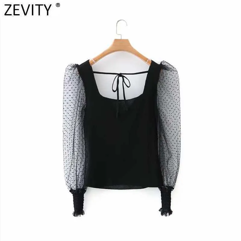 Zevity Spring Women Sweet Dots Mesh Sleeve Patchwork Short Knitting Blouse Femme Knotted Slim Shirt Chic Blusas Tops LS7566 210603
