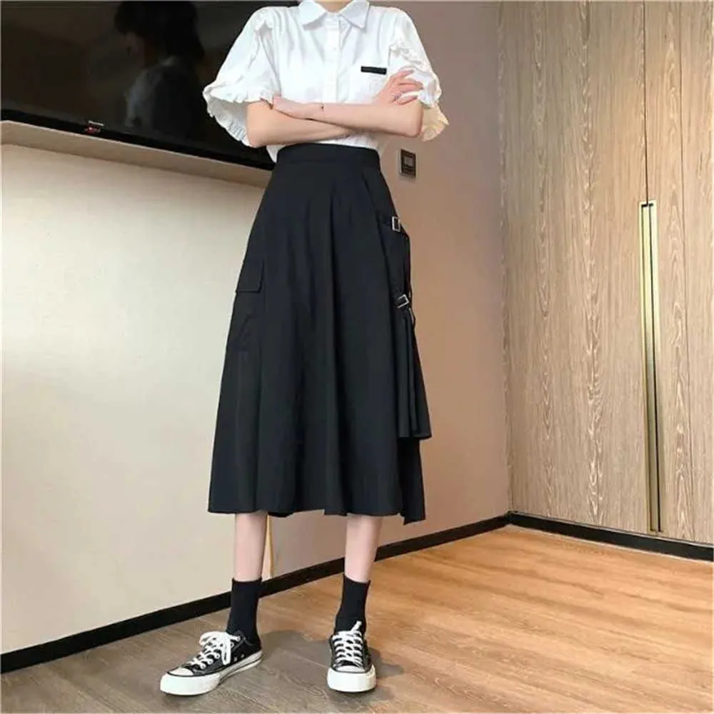 Nieregularna spódnica z kieszonkową harajuku punkowa wysoka talia streetwear gotycka luźna midi długa spódnica kobiety białe czarne letnie saia 210619