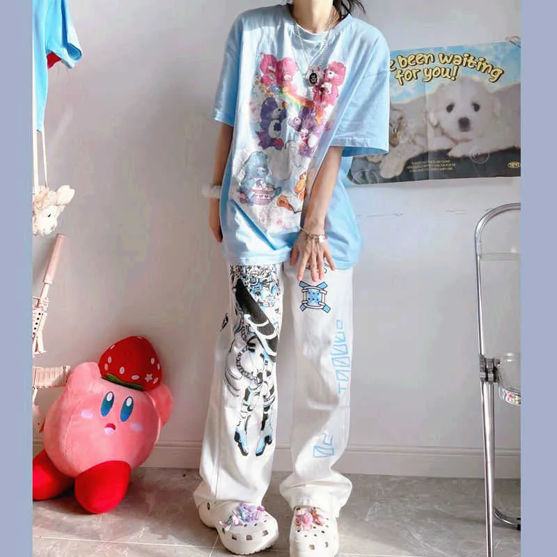 Mingliusili Anime Calças Mulheres Verão Moda Y2K Lareira Legal Streetwear Harajuku Imprimir Loose Casual Cyberpunk Roupas 210925