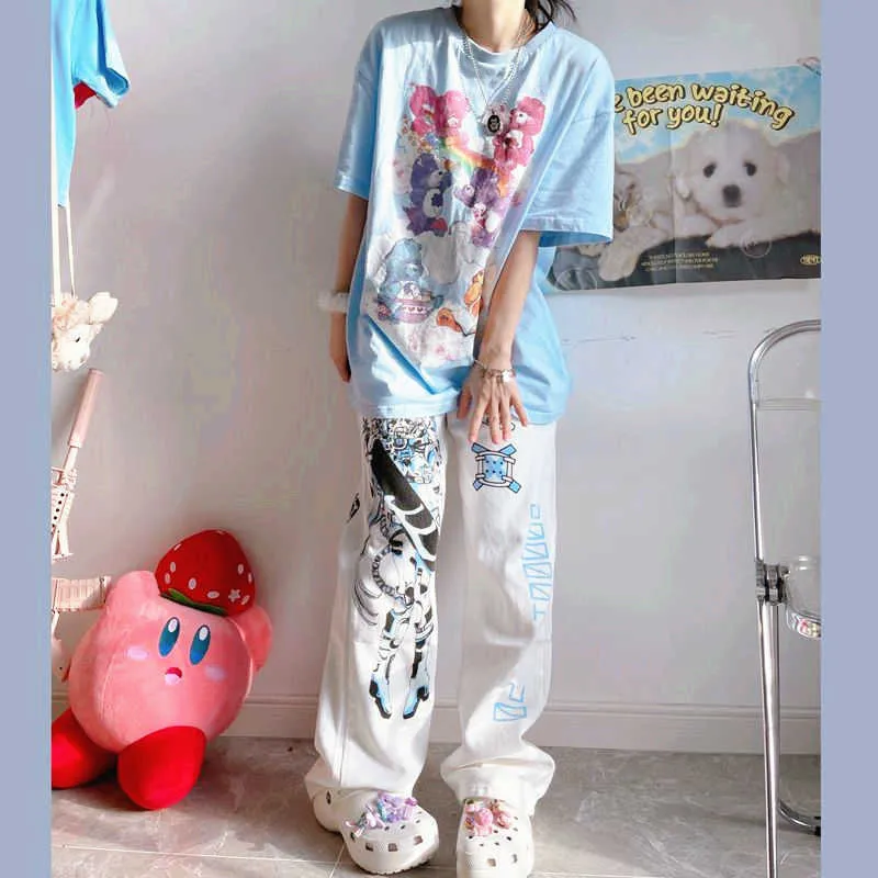 MINGLIUSILI Anime Pants Women Summer Fashion Y2k Wide Leg Streetwear Harajuku Print Loose Casual Cyberpunk Clothing 210925