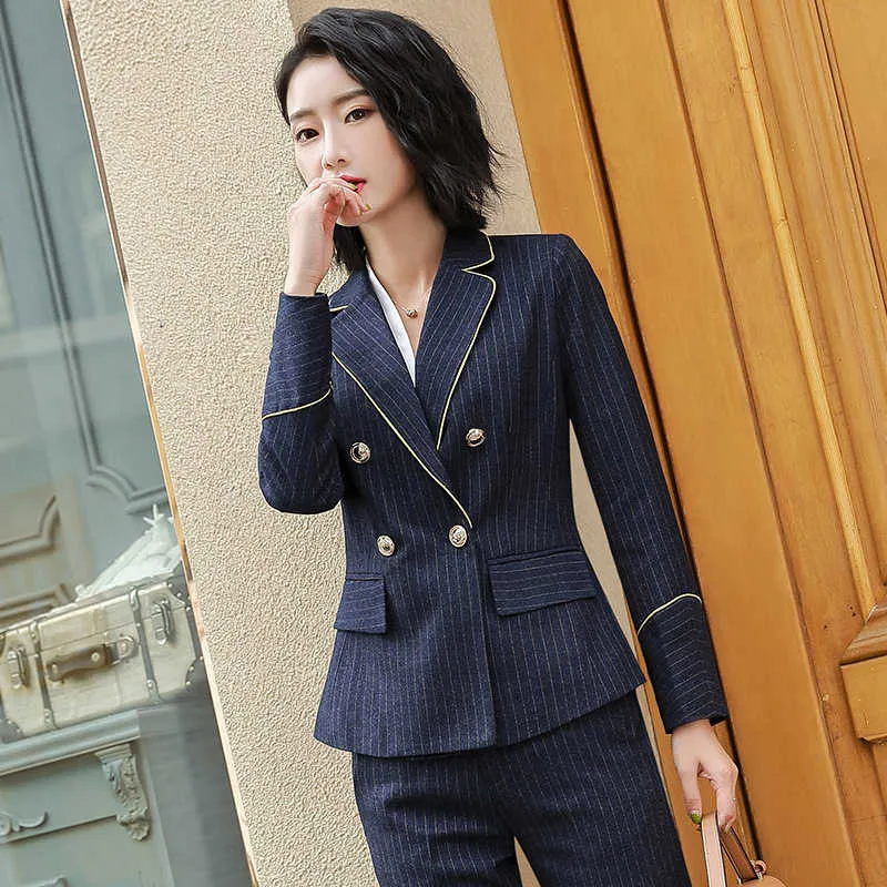 Pantalon de costume pour femmes d'affaires de haute qualité Slim manches longues rayées dames blazer salopette professionnelle grande taille S-4XL 210527