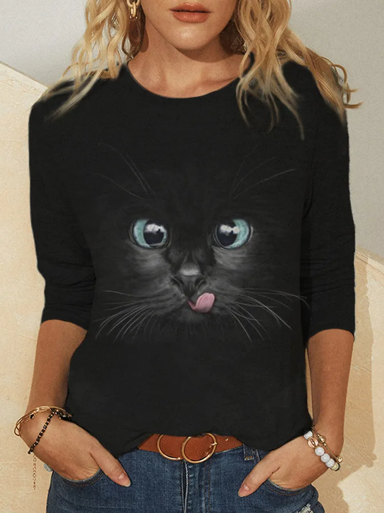 Kobiet bluzki Top Kot Chasing the Moon Print koszula plus 5xl 5xl Casual Black Shirts Długie rękaw śmieszne koszulki z kreskówek Kobieta 210226