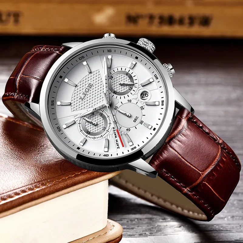LIGE Top luxe mode bracelet en cuir Quartz hommes montres décontracté Date affaires hommes montres Homme Montre horloge boîte 210310288p