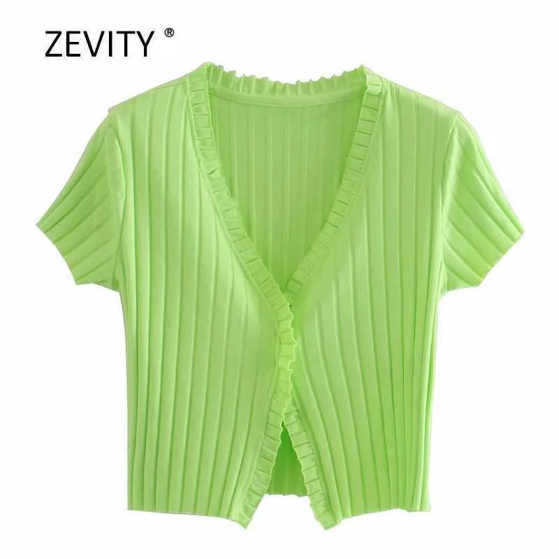 Zevity women fashion v neck Pit striped knitting casual slim sweater female short sleeve agaric lace thin sweaters tops T338 210603