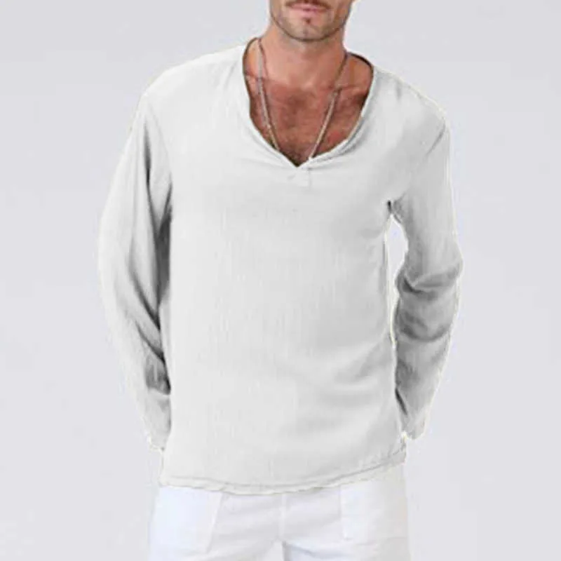 Мужские футболки с v-образным вырезом и длинными рукавами, льняная, хлопковая, с длинным рукавом, мужская готическая одежда в стиле хиппи, свободная мужская футболка, осень-весна 210707
