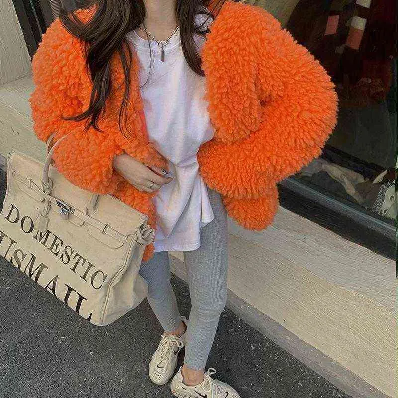ONE SIZE autumn winter woman coat jacket orange beige green synthetic fur coat open stitch fashion casual loose fluffy coat 211110