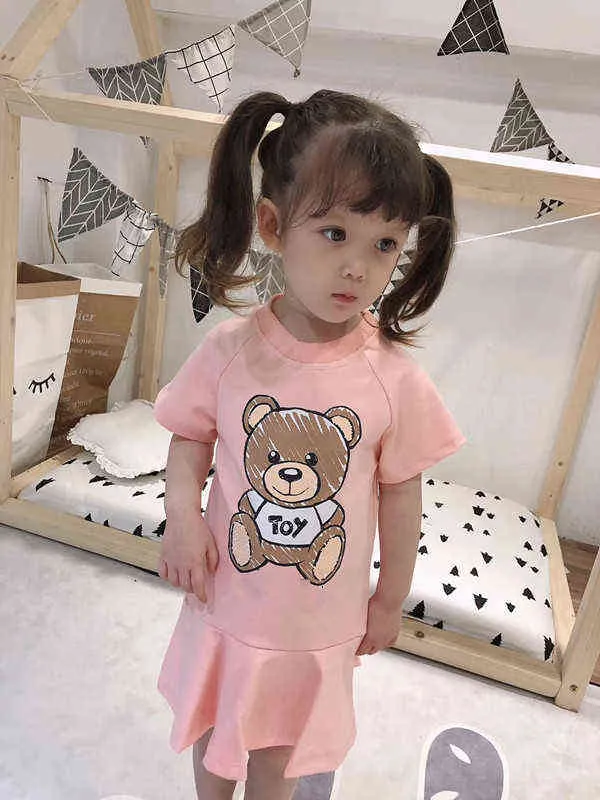 Новые 2021 летние моды детские платья для девочек хлопок мультфильм медведь с коротким рукавом уютные дети принцессы платье 2-10 лет G1218