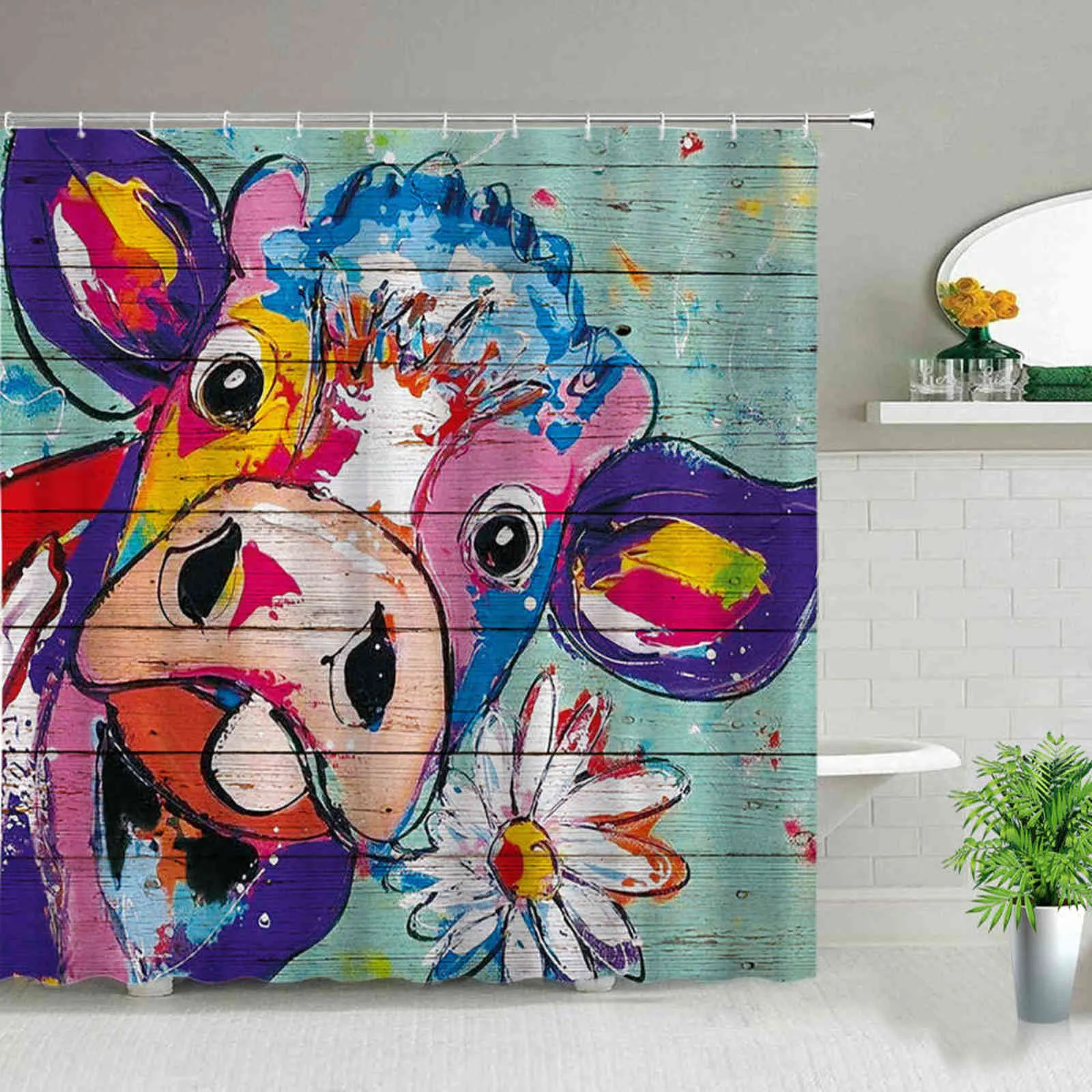 Fleur Highland Cow Thème Rideaux de douche Ferme Animal 3D Imprimer Tissu imperméable Rideau de salle de bain Set Baignoire Art Décor avec crochet 211116