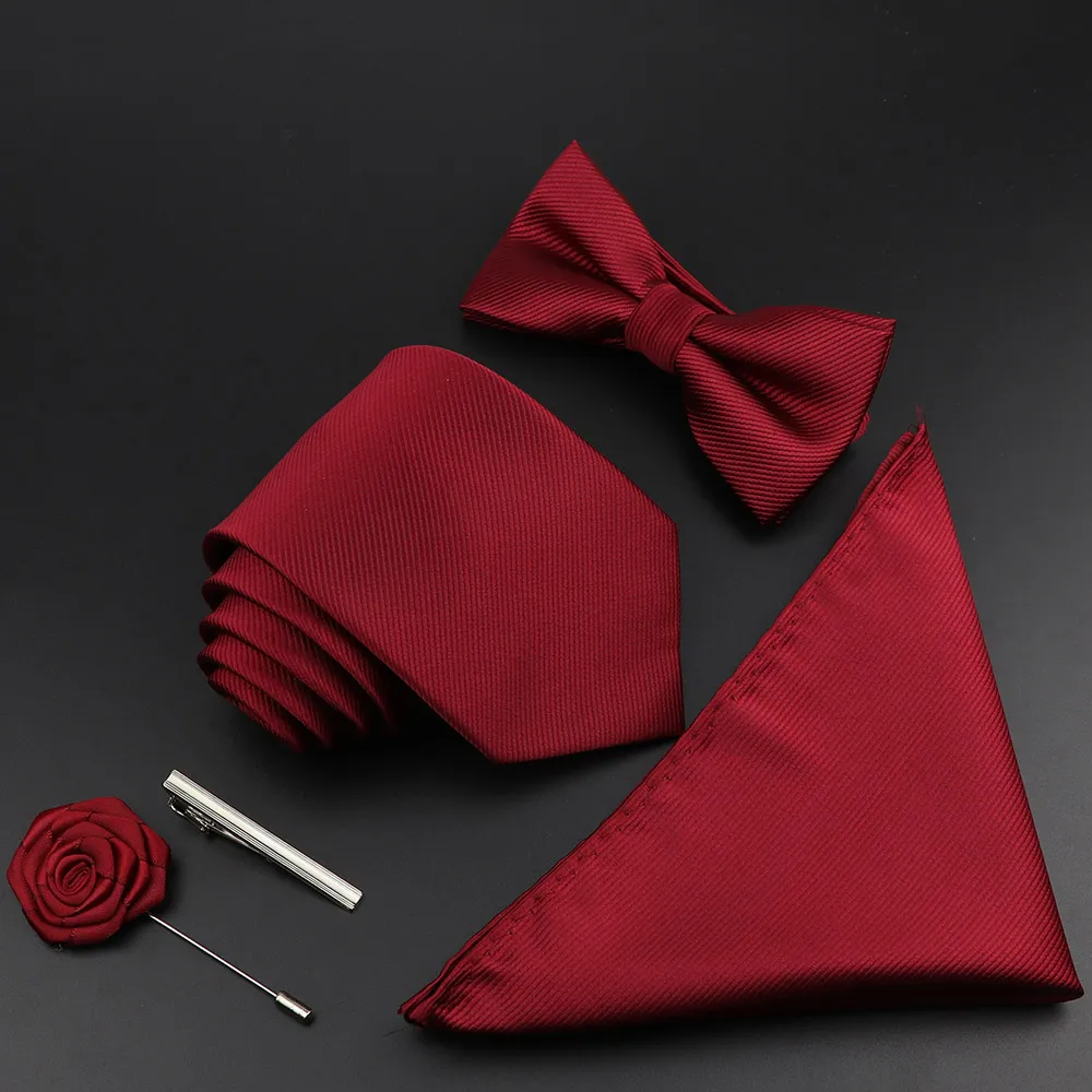 Solid Color Silk Men Tie Set Polyester Jacquard Woven Slips Bowtie Suit Vintage Red Blue For Boom Business Wedding Party232J