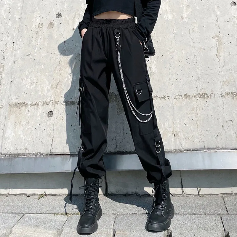 Fleece Womens High Waist Cargo Pants Winter Sportswear Pants Harajuku With Chain Female Cargo Pants Elastics Trousers