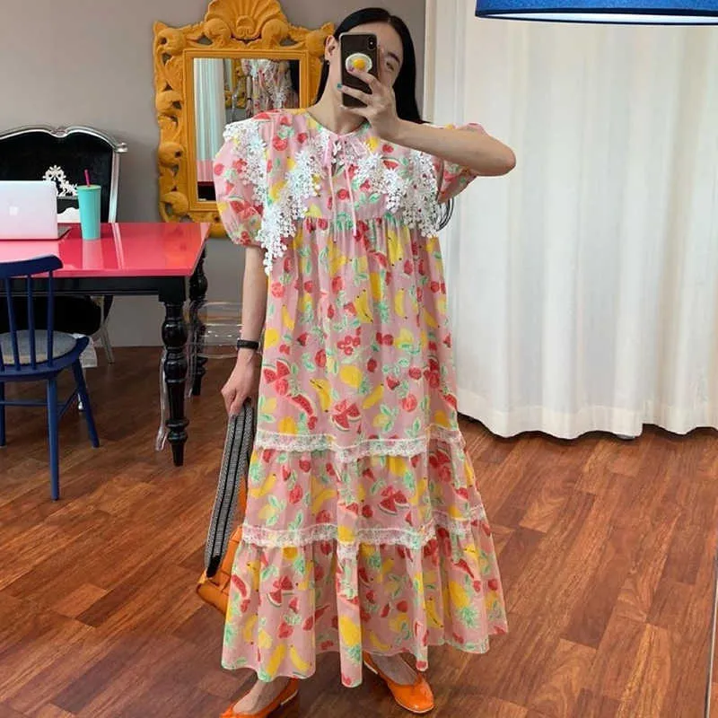 Korjpaa Kvinnor Klänning Sommar Koreansk Chic Western Style Lapel Floral Utsmyckad Lös spets Stitching Fruit Print Vestidos 210526