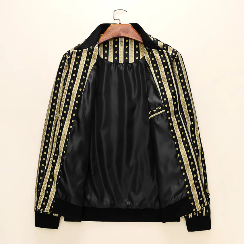 ファッション印刷ゴールドと黒の縞模様のメンズジャケットデザイナーブランドコート暖かい爆撃機ジャケットパーカーのための防風吹き切り