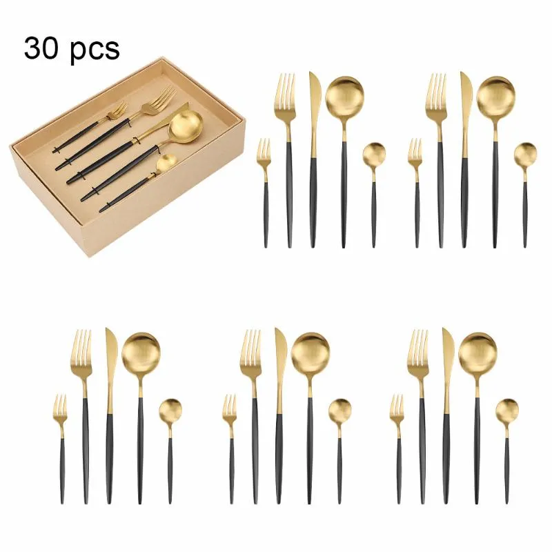 Ensembles de couverts 30 pièces ustensiles de cuisine en or noir ensemble de couverts en acier inoxydable vaisselle de mariage Service de dîner fourchette couteau cuillère Drop212r