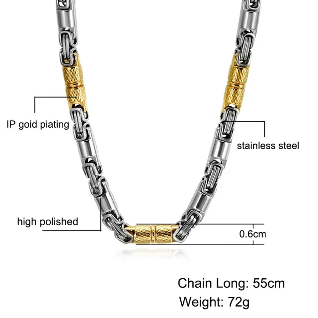 Dois tons de ouro cor colar titânio aço inoxidável 55cm 6mm ligação pesada correntes bizantinas colares para homem jóias266p