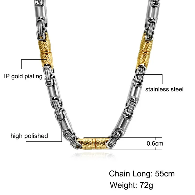 Two Tone Gold Color Necklace Titanium Stainless Steel 55CM 6MM Heavy Link Byzantine Chains Necklaces for Men Jewelry297j