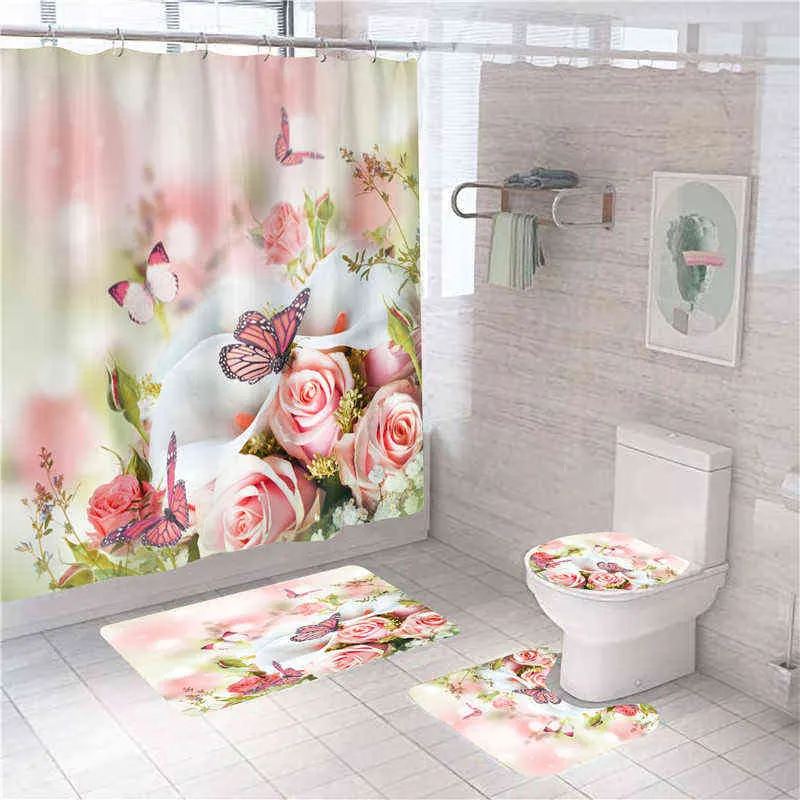 3D Blue rot rosa Rosendruck Duschvorhang Set Badezimmer Badebildschirm Antislip Toilettendeckel Abdeckung Teppichteppichen Küchen Wohnkultur W3324384