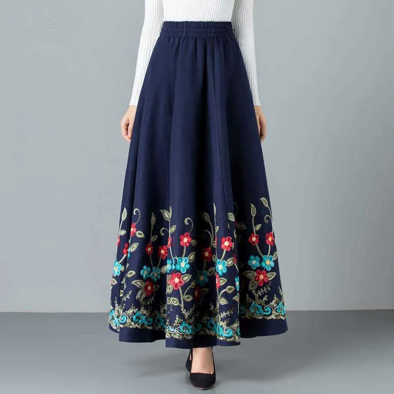 Mom elegant Embroidered Maxi pleated skirt Women Plus Size Winter Warm Woolen Long Skirt Lady High Waist Casual Wool Office saia 210629