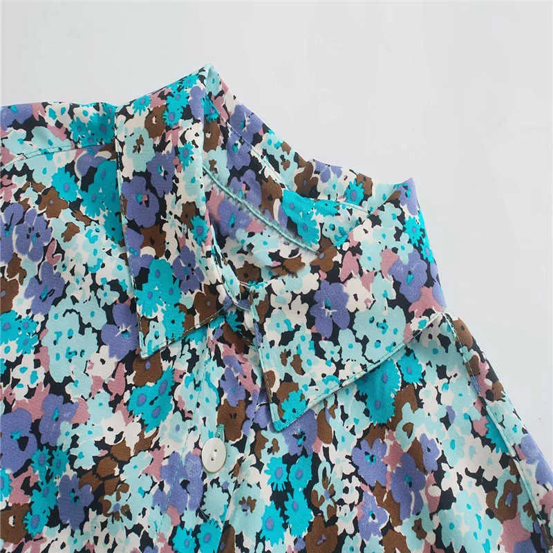 여름 za 꽃 무늬 프린트 짧은 jumpsuit 여성 패션 사이드 포켓 ​​묶여 벨트 블루 playsuits 여자 버튼 빈티지 jumpsuit 210602