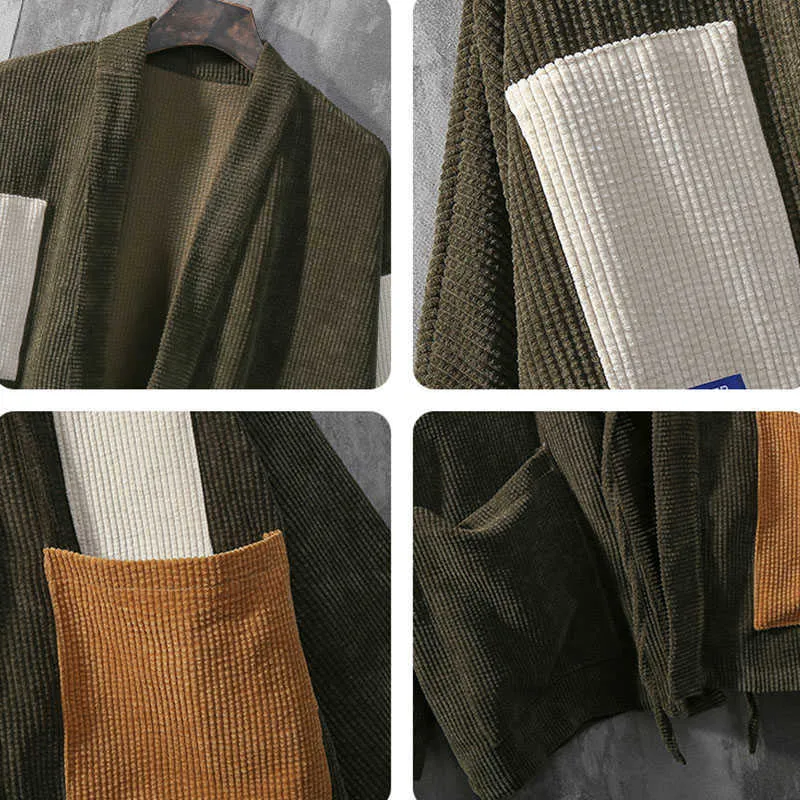 Japan Style Men Corduroy Kimono Jacket Color-blocking Patched Design Drop Shoulder Haori Oversize Loose Thin Coat 211025