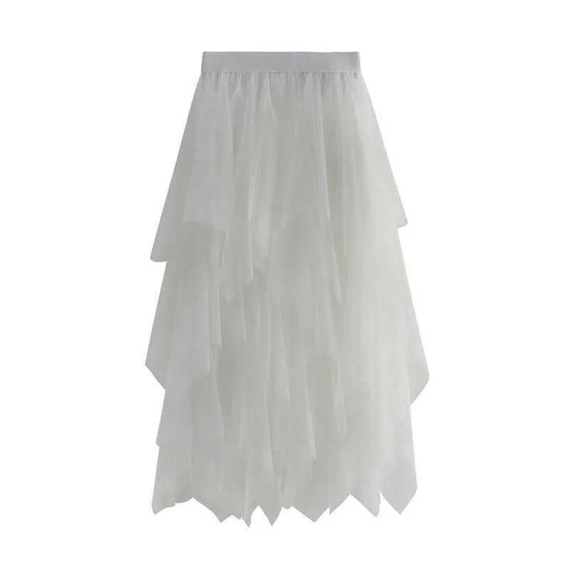 Oregelbunden mesh kjol sommar hög midja multilager asymmetrisk pläterad ren smal passform fri storlek blå s för tonårsflickor 210604