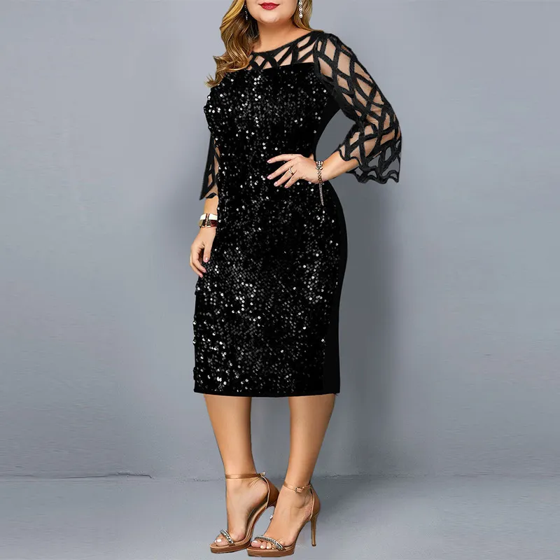 Plus Size Clothing For Women Midi Chubby Fat Dress Mesh Elegant Sequins Wedding Cocktail Party Summer O-Neck 4XL 5XL 6XL 220210