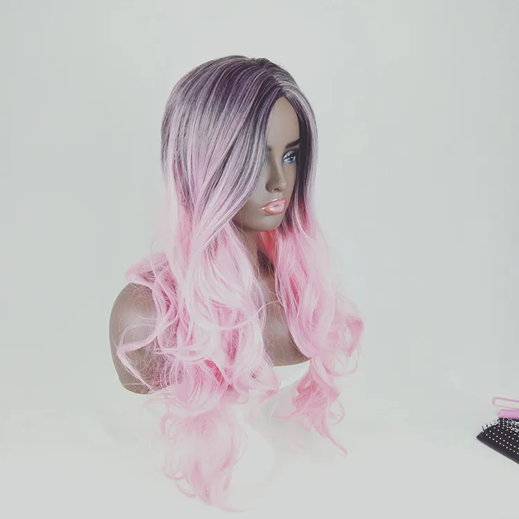 Lockig vågig syntetisk peruk ombre färg simulering mänskliga hår peruker hårstycken perreques för vita och svarta kvinnor k09