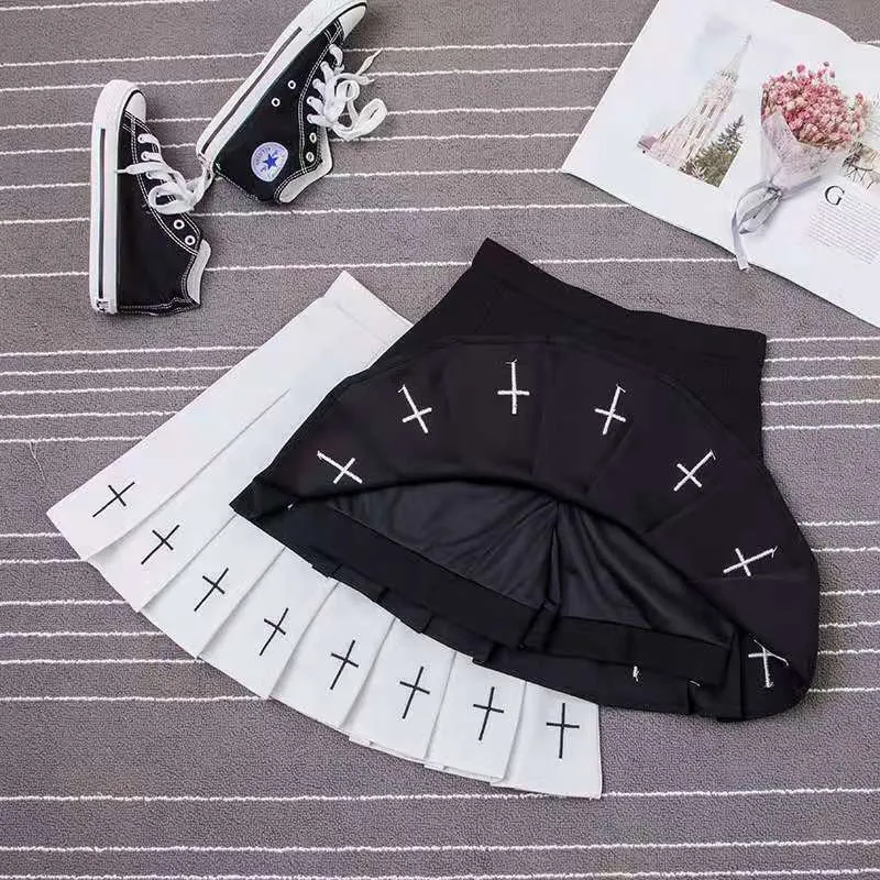 Hohe Taille Mini Schwarz Röcke Gothic Streetwear Cross Print Plissee Frauen Casual College Lolita Harajuku Rock 220224