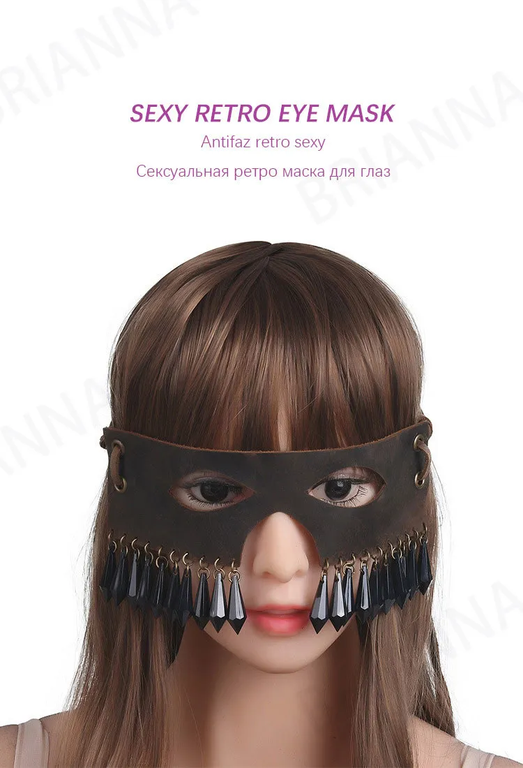 BDSM Retro Crazy Horse Lederen Materiaal Zwart Crystal Pendant Erotic Volwassen Flirten Cosplay Rivet Decoratie Masker