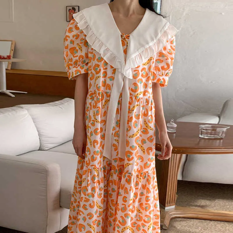 Korejpaa Femmes Robe Été Coréen Chic Style occidental Revers Volant Couture Fluttering Large Puff Manches Floral Robes 210526