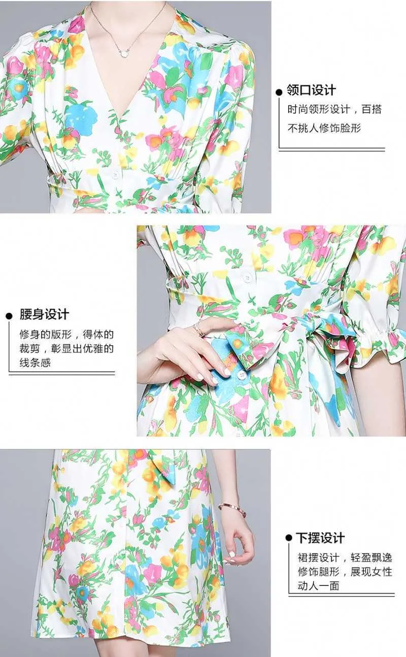 Moda de verano elegante temperamento femenino cuello en V manga corta estampado floral vestido casual 210531