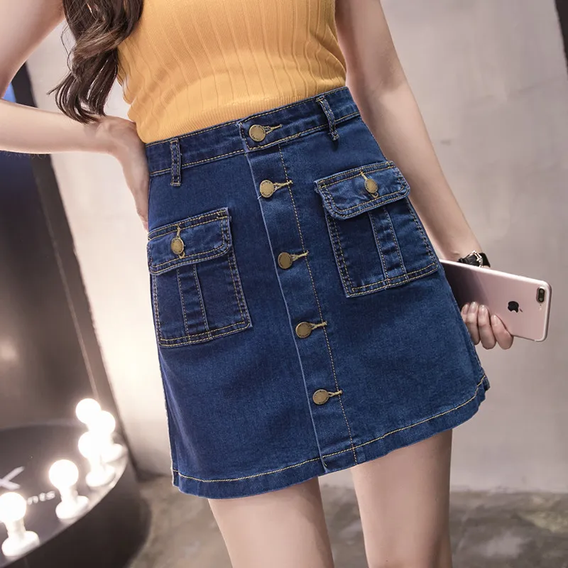 Jupe denim haute taille A-Line Mini jupes Femmes Arrivées d'été Poches de bouton simple