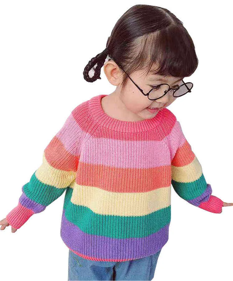 1-7Y Baby Boys Girls Stripe Knitted Tops Sweater Cardigan Outfits Boy Rainbow Winter Clothes Spring Sweaters 211201