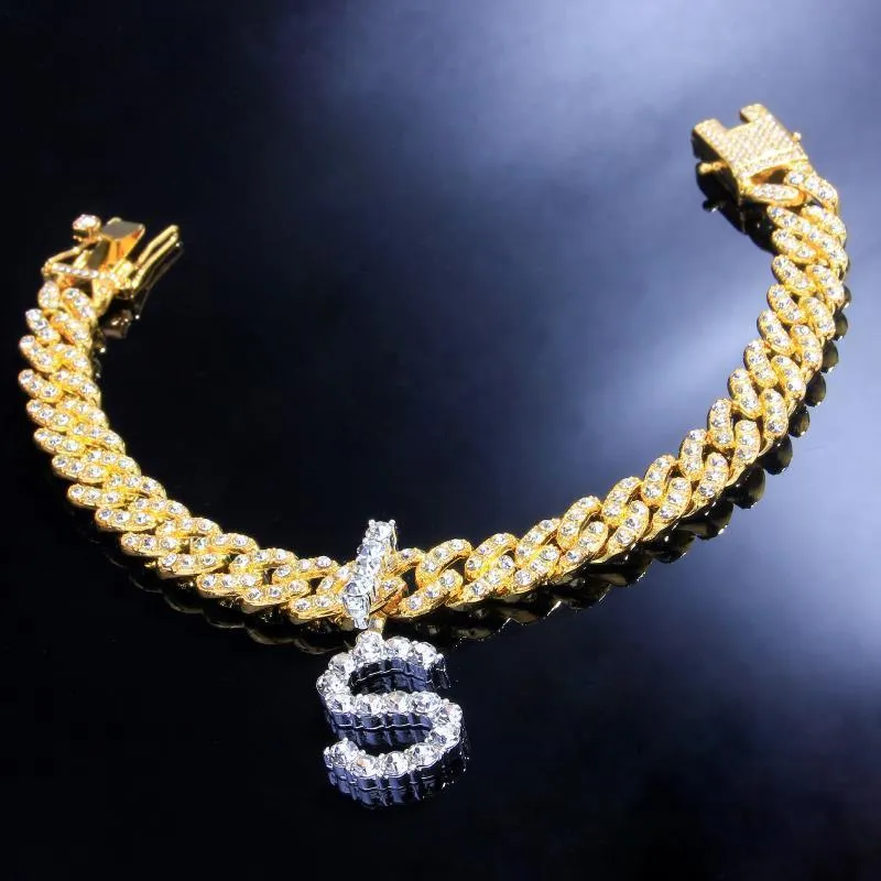 Pendentif cristal Hip Hop 26 lettres bracelets de cheville entiers pour femmes hommes Bling pied lien cubain Bracelet de cheville épais glacé bijoux 270y