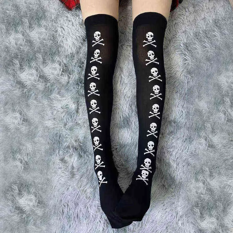 Cráneo de las mujeres góticas negras sobre los calcetines de la rodilla sexy largo estiramiento oscuro oscureciendo verano delgado muslo alto medias altas y1119