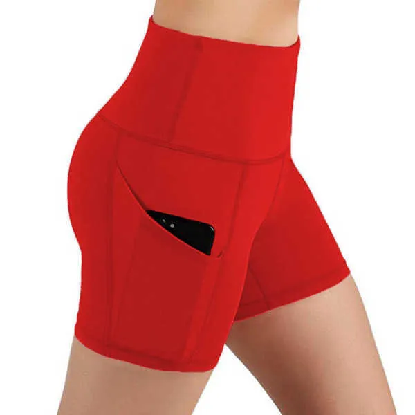 Sommer Atmungsaktive Frauen Hohe Taille Shorts Elastizität Gym Workout Push-Up Dünne Seite Tasche Schwarz 210604