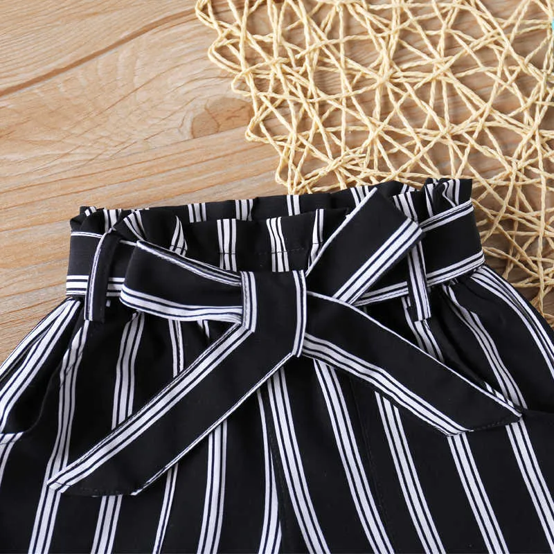 Girls Shorts Summer Pants Black And White Stripes + Belt Baby Cotton 210611