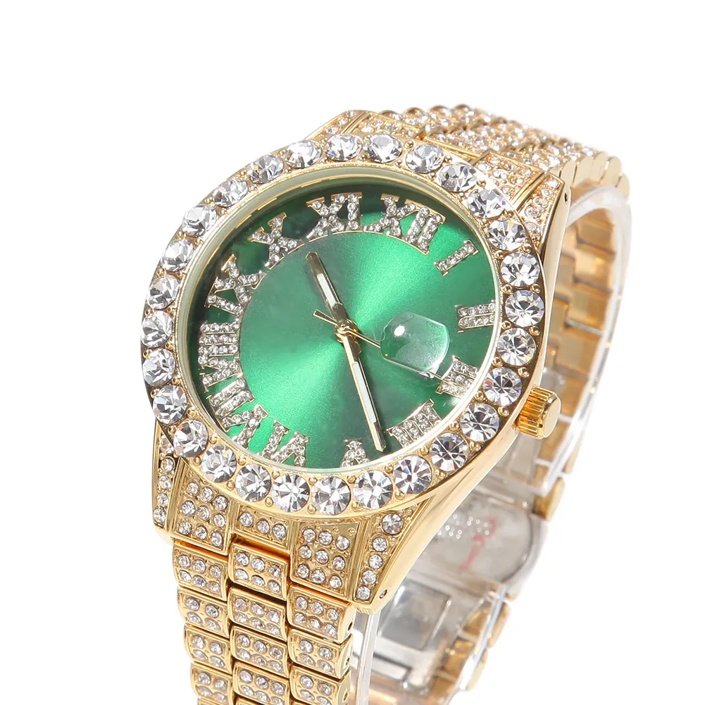 Full Diamond Iced Out Watch New Fashion Hip Hop Red Green Blue Face Large Dial Mens WristWatch Calendar Quartz Womens Watch Gift2578