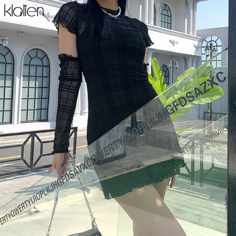Klalien Primavera moda simples retalhos de manta jovem estilo dres casual rua slim escritório senhora preto mini vestido 220311