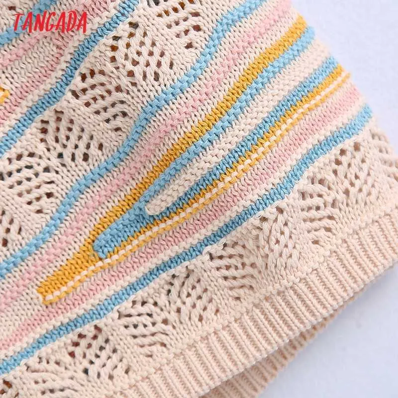 Tangada Korea Chic Frauen Gestreiftes Muster Sommer Pullover Rüschen Kurzarm Damen Crop Strickpullover Tops BE709 210609