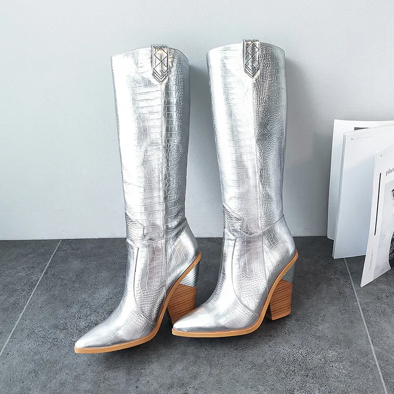 Hiver New Gold Silver Knee Boots High Boots Femme Pointy Toe Spike Talons Hiver Long High Heels Knight Boots Boots Cowboy6165536