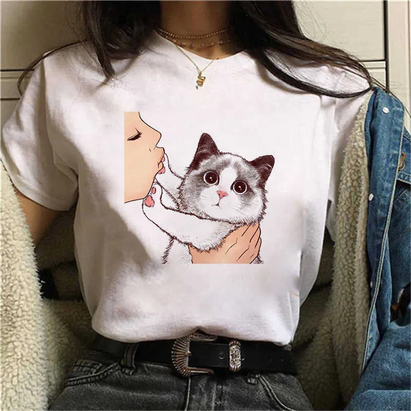 La grande vague de T-Shirt esthétique femmes Tumblr 90s mode graphique Tee mignon t-shirts et honte chat été hauts femme X0527